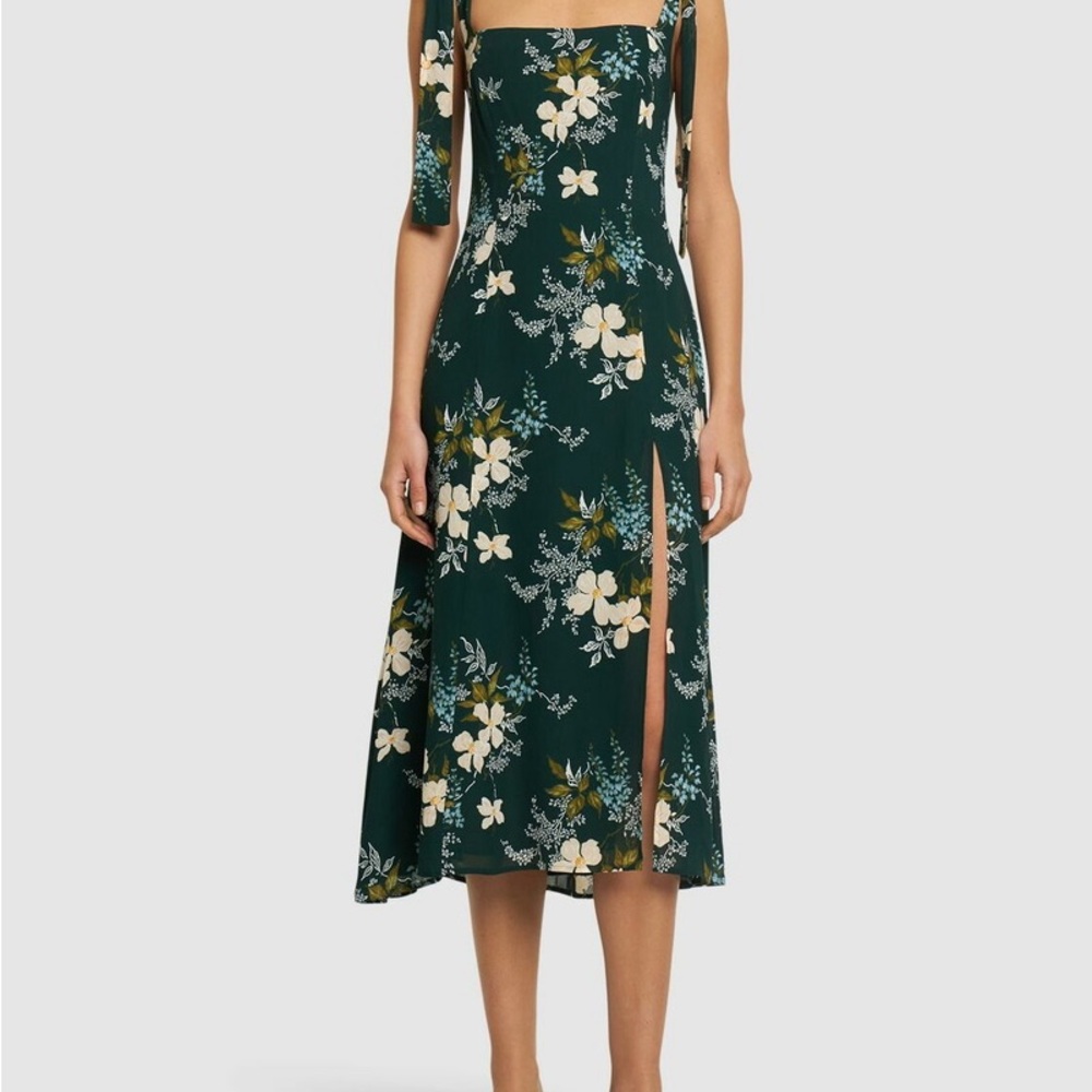 Reformation Forest Green Floral Midi Dress with Cream Flowers